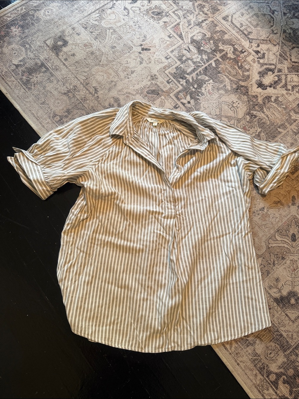 Max Studio Beige and White Striped Short-Sleeve Button-Up